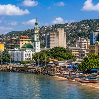 Grande mosquée et barques de pêche dans le port de Conakry