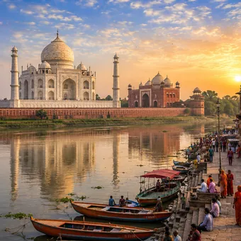 Taj Mahal au bord de la Yamuna au coucher du soleil