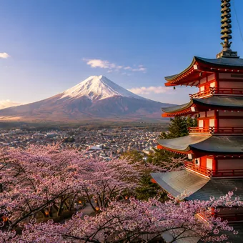 Pagode rouge et mont Fuji derrière les cerisiers en fleur