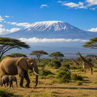 Éléphants et girafes dans la savane devant un sommet enneigé