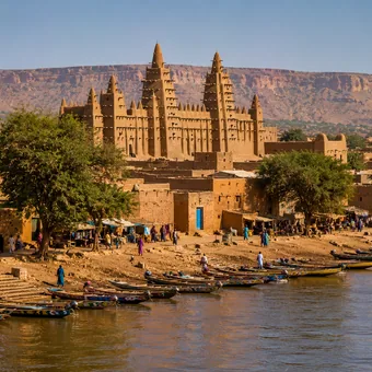Grande mosquée en terre crue au bord du fleuve Niger