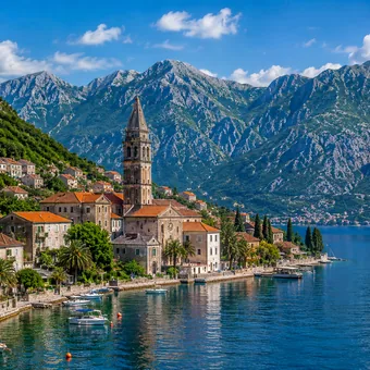 Village et clocher au fond de la baie de Kotor