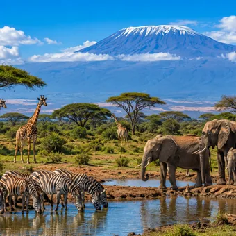 Zèbres, girafes et éléphants devant le Kilimandjaro