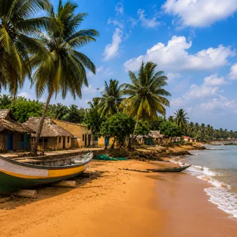 Pirogue de pêcheur sur une plage bordée de cocotiers