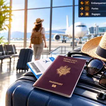 Passeport glissé dans la poche d'une valise, dans un aéroport