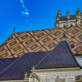 Le toit de tuiles vernissées du monastère royal de Brou, à Bourg-en-Bresse